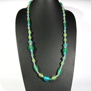 Vintage Museum Fine Arts Gold Tone Clasp Necklace w/ Blue & Green Sea Glass Bead